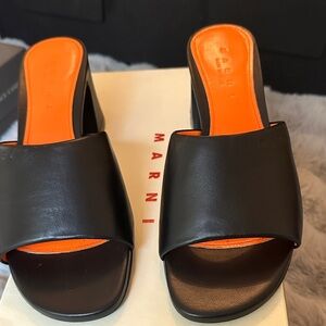Marni Black Leather Slide Mules with Bright Orange Insole